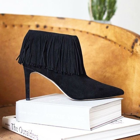 Sam Edelman Black Suede Fringe Ankle Heeled Bootie 7.5 - Picture 1 of 14